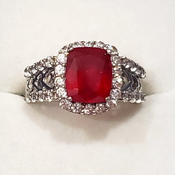 Niassa Ruby & White Zircon fancy halo ring in Platinum over 925 SS sz 8 4.50 tcw - Picture 2 of 7